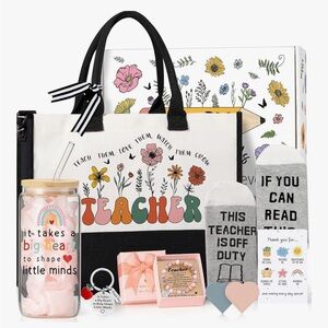 TEACHER APPRECIATION GIFT FOR WOMEN TOTE BAG GLASS CUP SOCKS BRACELET KEY CHAIN